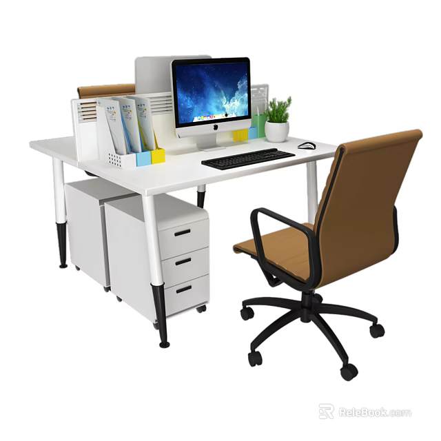 Office Desk With Computer Monitor Keyboard Mouse File Organizers Plant White Cabinet And Brown Chair 3d model 