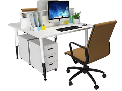 Office Desk With Computer Monitor Keyboard Mouse File Organizers Plant White Cabinet And Brown Chair 3d model