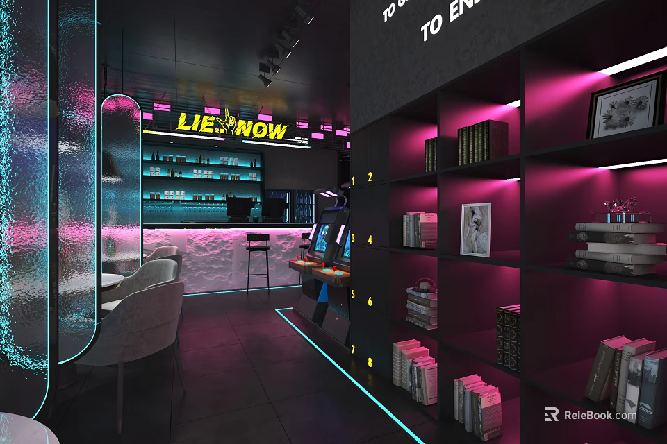 Modern Storefront Counter With LIFE NOW Neon Sign Purple Lighting And Bookshelves 3d model 