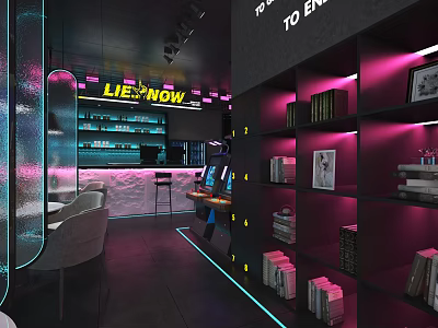 Modern Storefront Counter With LIFE NOW Neon Sign Purple Lighting And Bookshelves 3d model