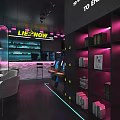 Modern Storefront Counter With LIFE NOW Neon Sign Purple Lighting And Bookshelves