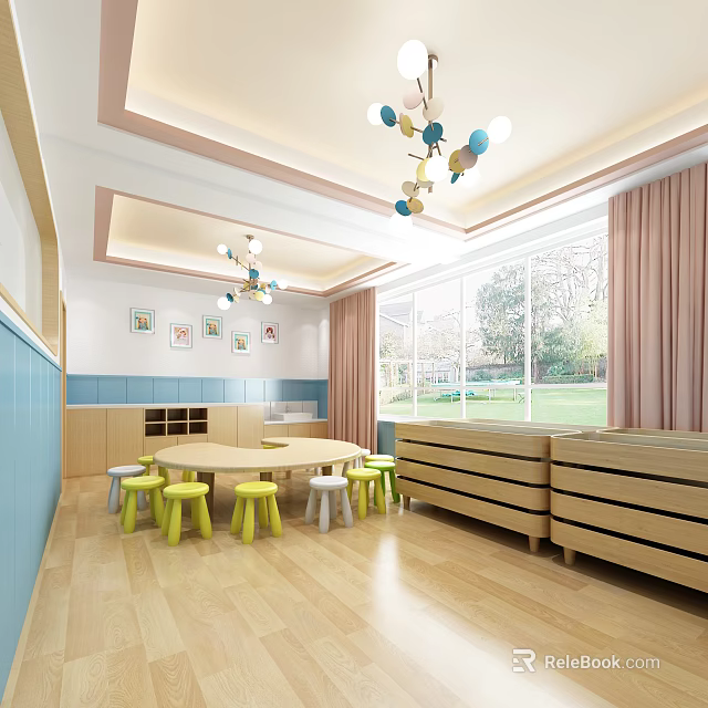 School Classroom Interior With Round Table Small Stools Wooden Cabinets Colorful Lights And Large Windows 3d model 