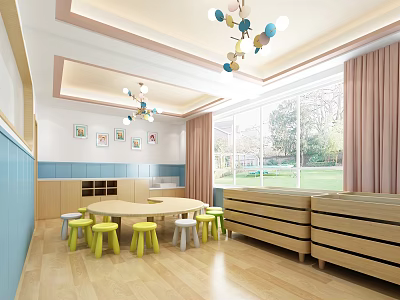School Classroom Interior With Round Table Small Stools Wooden Cabinets Colorful Lights And Large Windows 3d model