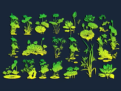 Green and Yellow Aquatic Plant Pattern Wall Decor with Lotus Leaves Flowers Reed and Bamboo 3d model
