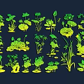 Green and Yellow Aquatic Plant Pattern Wall Decor with Lotus Leaves Flowers Reed and Bamboo