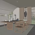 Modern Oriental Tea Room Interior With Long Wooden Table Chairs And Traditional Lattice Doors