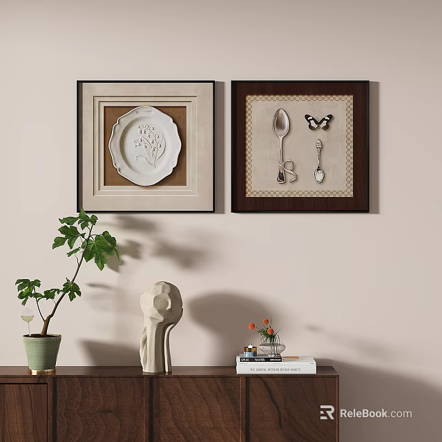 Framed Wall Art With Plate Spoon Butterfly And Tabletop Plant Sculpture Books 3d model 