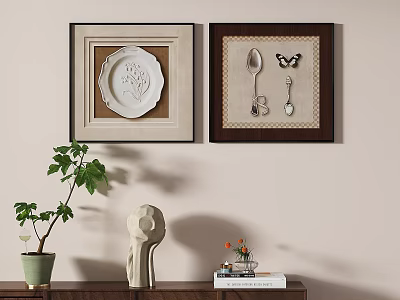 Framed Wall Art With Plate Spoon Butterfly And Tabletop Plant Sculpture Books 3d model