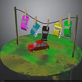 Colorful Toy Cars Hanging On Clothesline With Clothespins And Red Car On Circular Platform