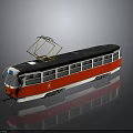 Vintage Red And White Tram Model With Yellow Pantograph Side Windows On Reflective Surface
