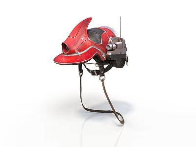 Red Mechanical Helmet With Antenna And Metal Straps On White Background 3d model