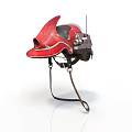 Red Mechanical Helmet With Antenna And Metal Straps On White Background