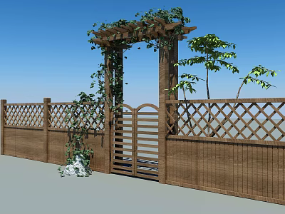 Wooden Garden Gate With Pergola Vines Lattice Fence Trees And White Flowers 3d model