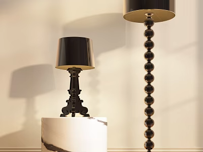 Modern Black Floor Lamp With Beaded Pole And Table Lamp On Marble Base Interior 3d model
