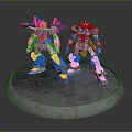 Detailed Robot Model Figures As Mechanical Creatures With Colorful Armor On Circular Textured Base