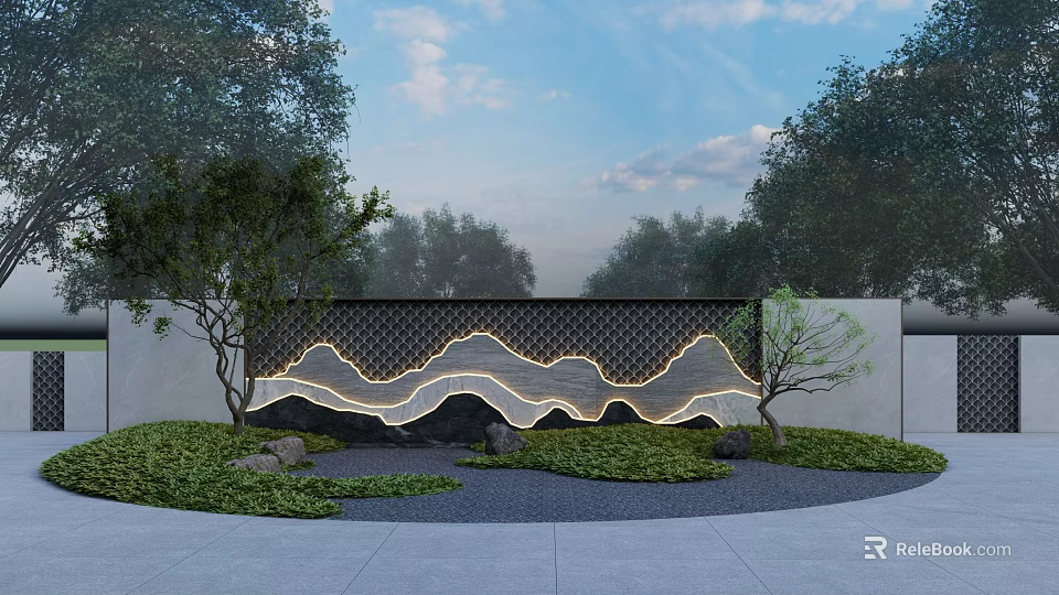 Illuminated Landscape Wall With Wavy Pattern Green Plants Stones And Trees 3d model 