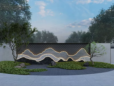 Illuminated Landscape Wall With Wavy Pattern Green Plants Stones And Trees 3d model