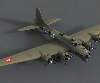 Olive Green Fighter Aircraft with Four Propeller Engines White Serial Number and Red Triangle Marking 3d model