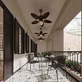 Café Outdoor Patio With Black Shutters Ceiling Fans And Wrought Iron Furniture