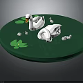 Swan Family On Green Circular Platform With Lotus Leaves And Cygnets