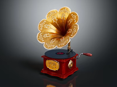 Vintage Gramophone With Golden Ornate Horn And Red Wooden Base Classic Audio Device 3d model