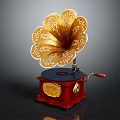 Vintage Gramophone With Golden Ornate Horn And Red Wooden Base Classic Audio Device