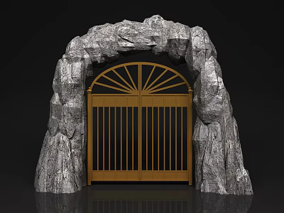 Golden Double Gate with Vertical Bars and Arched Radiant Top in Rock Frame Design 3d model