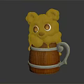Wine Bottle Glass Decorated With Cute Orange Bear On Wooden Barrel With Metal Handle