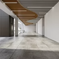 Modern Office Corridor With Wooden Ceiling Glass Skylights Gray Flooring And White Walls