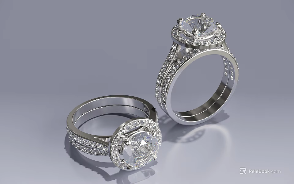 Elegant Diamond Rings With Round Center Stones And Intricate Metal Band Design 3d model 