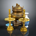 Vintage Home Living Decor Including Bronze Incense Burner Golden Candlesticks And Blue White Porcelain Vase