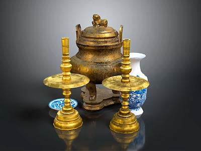 Vintage Home Living Decor Including Bronze Incense Burner Golden Candlesticks And Blue White Porcelain Vase 3d model