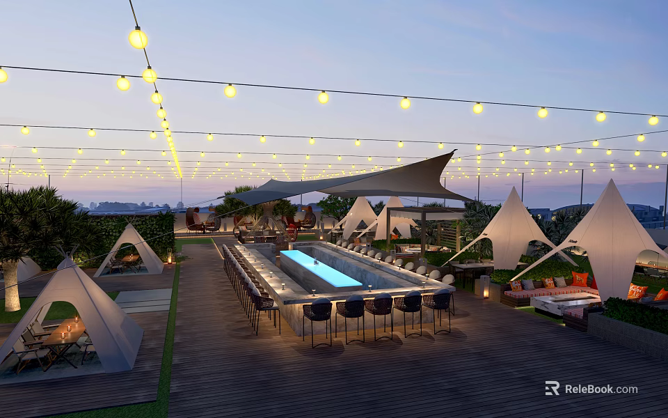 Rooftop Bar with String Lights Pool Tents Wooden Deck and Outdoor Seating 3d model 