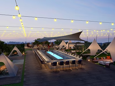 Rooftop Bar with String Lights Pool Tents Wooden Deck and Outdoor Seating 3d model