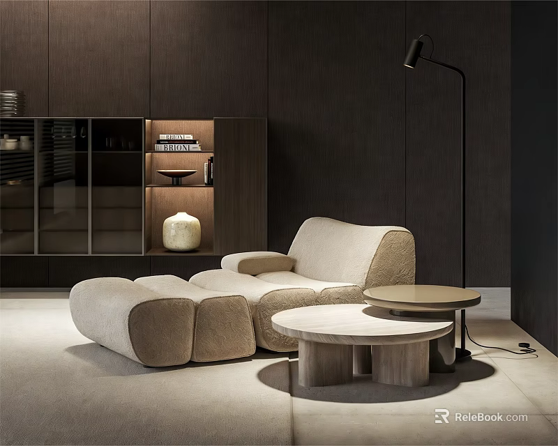 Beige Modern Single Sofa In Living Room With Round Coffee Tables And Floor Lamp 3d model 