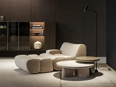 Beige Modern Single Sofa In Living Room With Round Coffee Tables And Floor Lamp 3d model