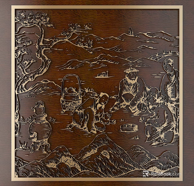 Intricate Wooden Carving With Mountain Landscape Figures And Traditional Scene 3d model 