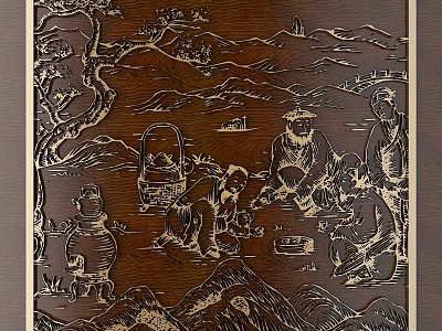 Intricate Wooden Carving With Mountain Landscape Figures And Traditional Scene 3d model