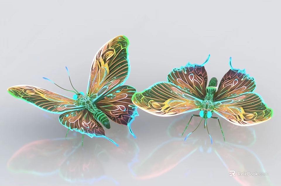 Colorful Iridescent Butterflies With Shiny Green Gold Blue Wings And Light Background Reflections 3d model 