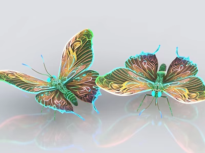 Colorful Iridescent Butterflies With Shiny Green Gold Blue Wings And Light Background Reflections 3d model