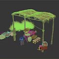 Rustic Thatched Roof Shelter Scene With Wooden Table Plates Stools And Hay Stacks