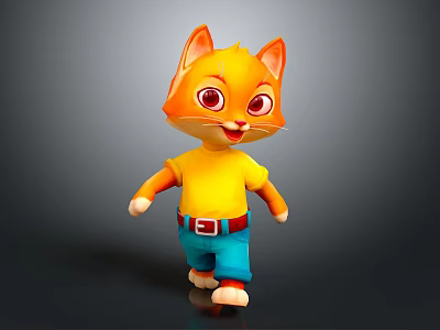 Cute Orange Cartoon Cat Character With Big Eyes Yellow Shirt And Blue Pants Game Animation 3d model