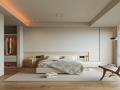Modern Bedroom Interior With Cozy Bed Gray Bedding Wooden Floor Recessed Lighting And Curtains 3d model