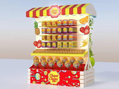 Candy Display Shelf With Red And Yellow Striped Awning Candy Jars Lollipops And Fruit Decorations 3d model