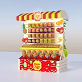 Candy Display Shelf With Red And Yellow Striped Awning Candy Jars Lollipops And Fruit Decorations
