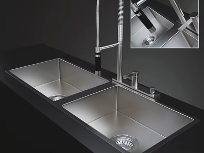 Stainless Steel Double Bowl Kitchen Sink With Pull Down Faucet And Drain Strainer 3d model