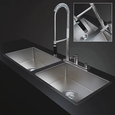Stainless Steel Double Bowl Kitchen Sink With Pull Down Faucet And Drain Strainer 3d model