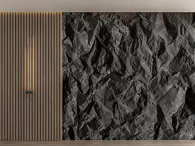 Modern Sofa Background Wall With Stone Texture And Wooden Slats 3d model
