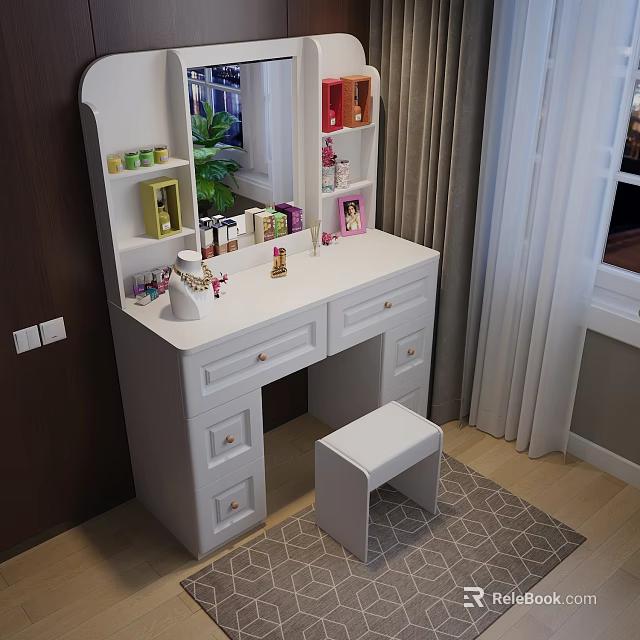 White Dressing Table With Cosmetics Drawers And Matching Stool In Bedroom 3d model