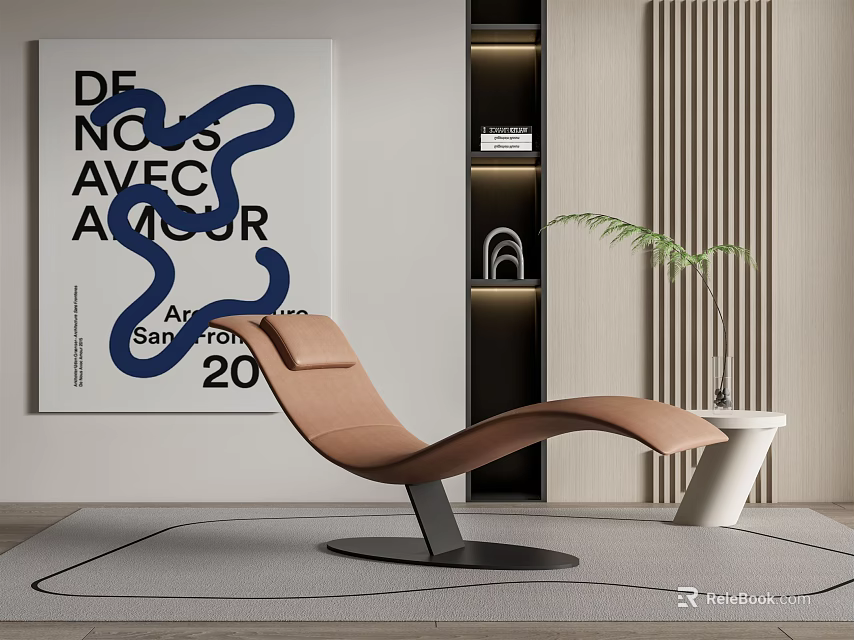Tan Modern Lounge Chair In Contemporary Interior With Abstract Art And Green Plant 3d model 